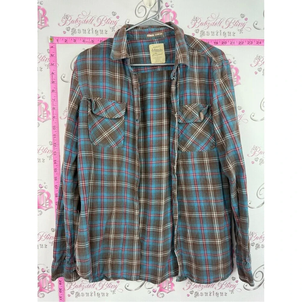 Shirt button up collared Mens Plaid Flannel Shirt - Brown & Blue red 44mm
